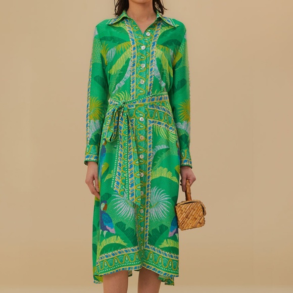 FARM Rio Macaw Scarf Chemise Midi Dress with Breezy Long Sleeves